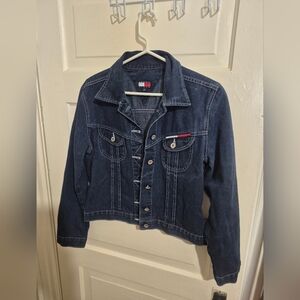 Tommy Jeans Cropped Denim Jacket Dark Wash Flag Logo Size L